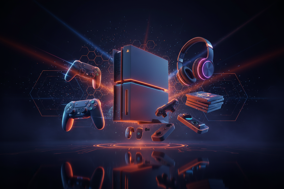 "Create a premium, modern, gaming-inspired image representing ONBOARD — a PlayStation-focused brand.
Use ONBOARD’s signature orange color as a key highlight in the design.
Include visual elements inspired by PlayStation such as controllers, consoles, accessories, game discs, neon lighting, and futuristic effects — without using copyrighted logos or brand names.
The image should feel high-end, energetic, and next-gen, suitable as a hero banner for an ecommerce homepage.
No text in the design.
Just a visually