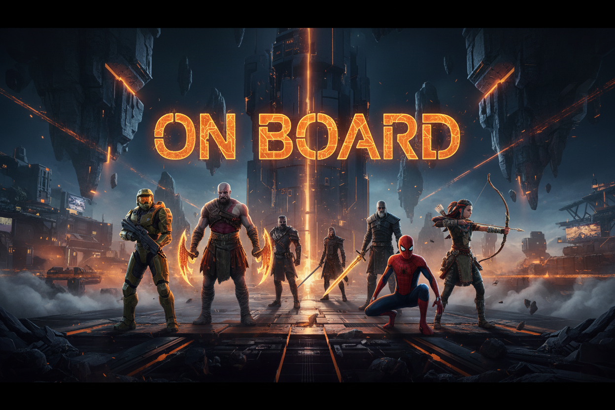 "Dark gaming world background for website hero, featuring 5-6 iconic video game characters from the most popular games, glowing orange accents (#FF6A00) representing the brand color, brand name 'ON BOARD' prominently displayed in the center, futuristic and immersive environment, cinematic lighting, ultra-detailed, epic atmosphere."